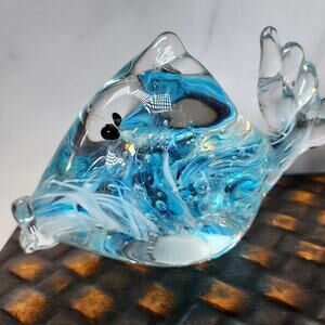 Murano Style Art Glass Fish Figurine Blue White Swirl Coastal Decor 6 Inch